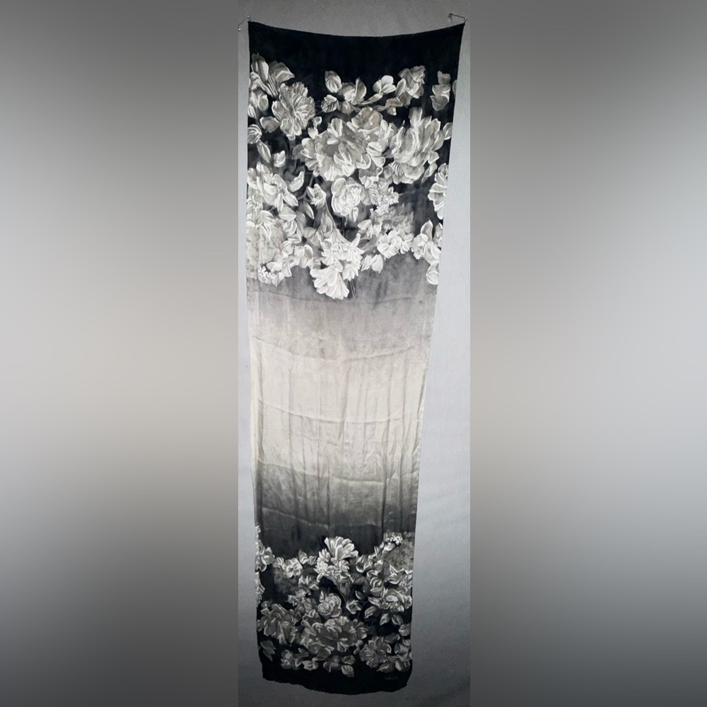 Silk Satin Screen Printed Black, Gray and White Beautiful Floral Scarf